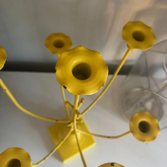 Large Vintage Funky Flower Candelabra 6 Candle Metal Wood Base 20.5” Tall - Picture 4 of 6